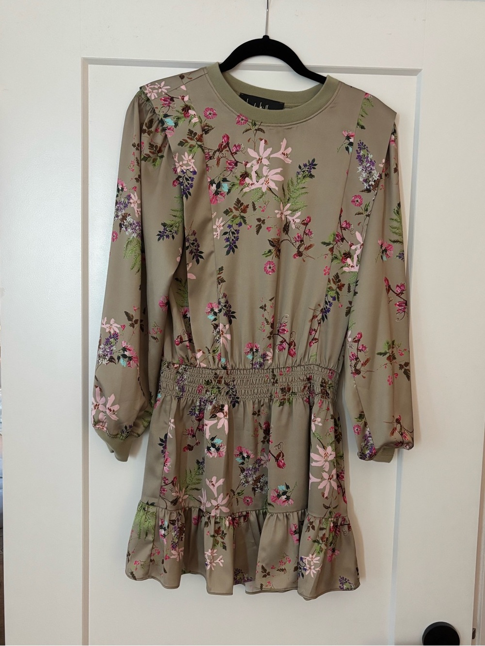 Nicole Miller Sage Green Floral Long-Sleeve Ruffle-Hem Dress